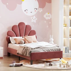 Enfant Fortuna lai Lit Enfant Rembourré 90x200 Cm Avec Tête De Lit Fleurie Et Sommier à Lattes, Velours, Rouge