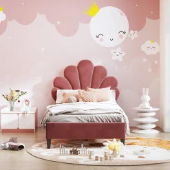 Enfant Fortuna lai Lit Enfant Rembourré 90x200 Cm Avec Tête De Lit Fleurie Et Sommier à Lattes, Velours, Rouge