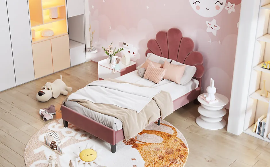Enfant Fortuna lai Lit Enfant Rembourré 90x200 Cm Avec Tête De Lit Fleurie Et Sommier à Lattes, Velours, Rouge
