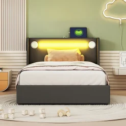 Enfant Fortuna lai Lit Enfant Rembourré 90x200cm Avec Bande Lumineuse LED Et Chargement USB, Sommier à Lattes, Noir