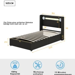 Enfant Fortuna lai Lit Enfant Rembourré 90x200cm Avec Bande Lumineuse LED Et Chargement USB, Sommier à Lattes, Noir