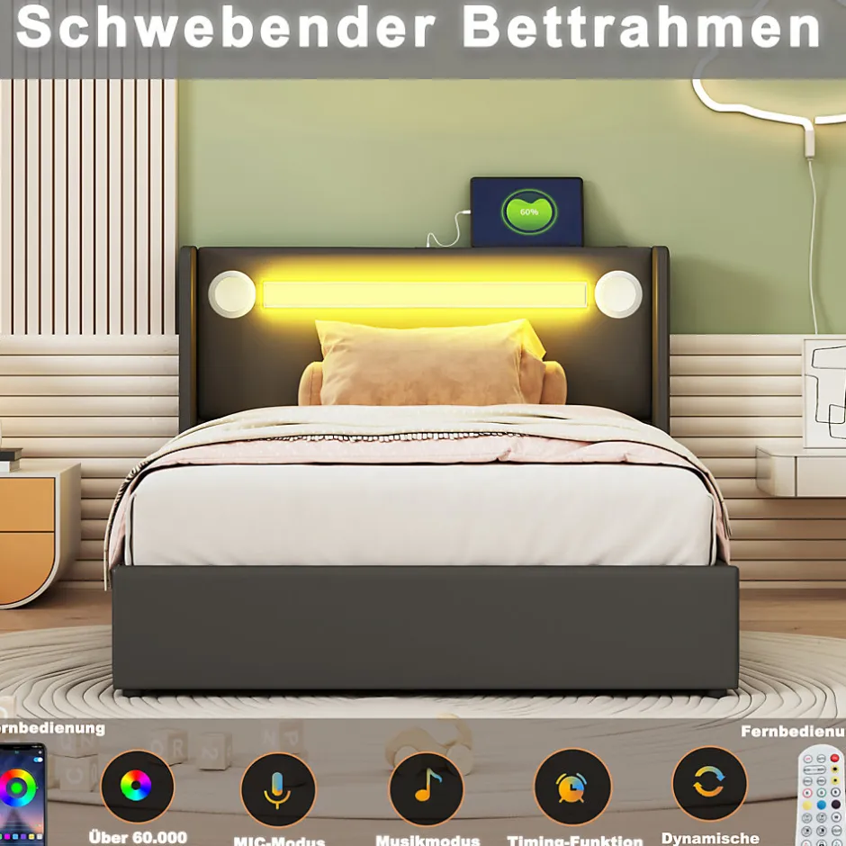 Enfant Fortuna lai Lit Enfant Rembourré 90x200cm Avec Bande Lumineuse LED Et Chargement USB, Sommier à Lattes, Noir