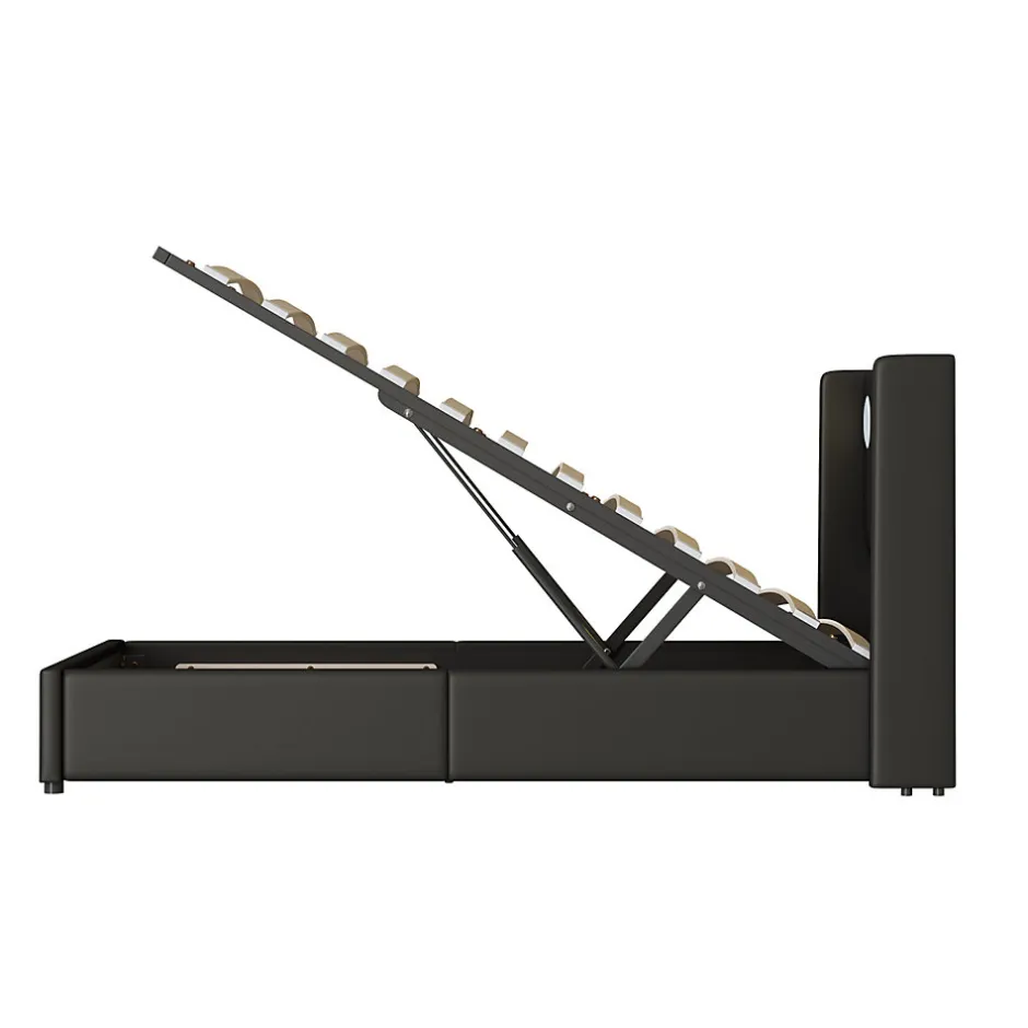 Enfant Fortuna lai Lit Enfant Rembourré 90x200cm Avec Bande Lumineuse LED Et Chargement USB, Sommier à Lattes, Noir