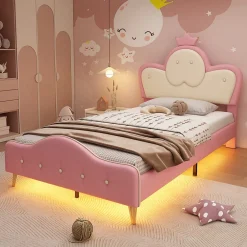 Simple Life Lit enfant rembourré 90x200cm rose et blanc, LED intégrée, tête de lit avec couronne et vagues décoratives