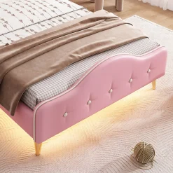 Simple Life Lit enfant rembourré 90x200cm rose et blanc, LED intégrée, tête de lit avec couronne et vagues décoratives