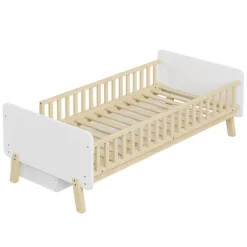 Enfant Okwish Lit enfant Simple 90x190 cm Bois Blanc avec 2 Tiroirs et Sommier À Lattes, Multifonction pour Chambre Fille Ou Garçon, Blanc