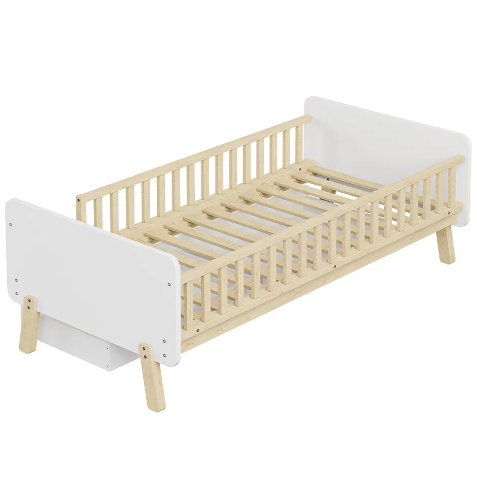 Enfant Okwish Lit enfant Simple 90x190 cm Bois Blanc avec 2 Tiroirs et Sommier À Lattes, Multifonction pour Chambre Fille Ou Garçon, Blanc