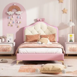 Enfant Okwish Lit enfant simple 90x200 cm rembourré avec bande LED colorée, tête ondulée et nœud décoratif, similicuir rose sans matelas
