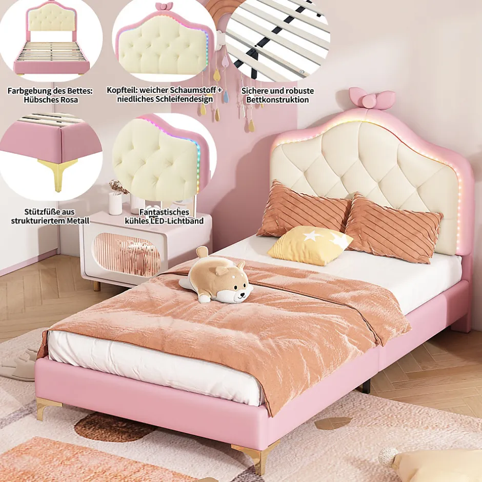 Enfant Okwish Lit enfant simple 90x200 cm rembourré avec bande LED colorée, tête ondulée et nœud décoratif, similicuir rose sans matelas
