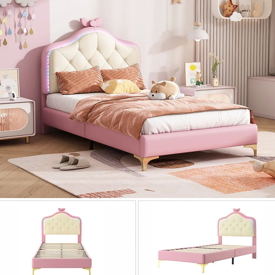 Enfant Okwish Lit enfant simple 90x200 cm rembourré avec bande LED colorée, tête ondulée et nœud décoratif, similicuir rose sans matelas