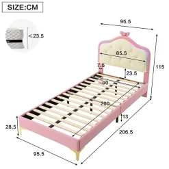 Enfant Okwish Lit enfant simple 90x200 cm rembourré avec bande LED colorée, tête ondulée et nœud décoratif, similicuir rose sans matelas