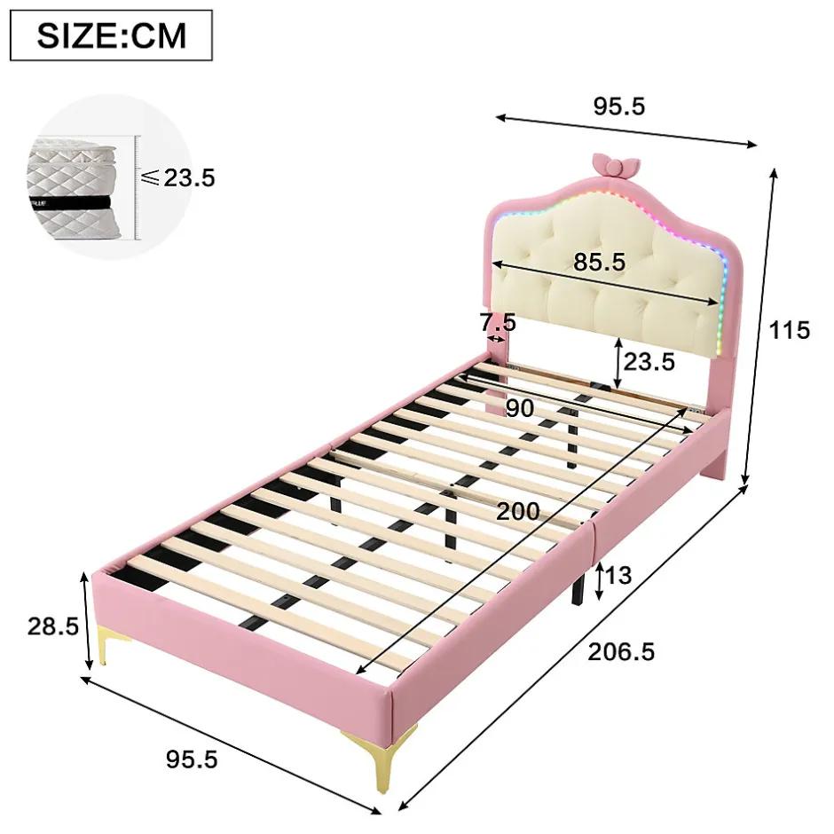 Enfant Okwish Lit enfant simple 90x200 cm rembourré avec bande LED colorée, tête ondulée et nœud décoratif, similicuir rose sans matelas