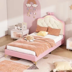 Enfant Okwish Lit enfant simple 90x200 cm rembourré avec bande LED colorée, tête ondulée et nœud décoratif, similicuir rose sans matelas