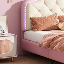 Enfant Okwish Lit enfant simple 90x200 cm rembourré avec bande LED colorée, tête ondulée et nœud décoratif, similicuir rose sans matelas