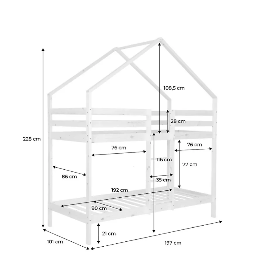 Sweeek Lit enfant superposé cabane 90 x 190 cm pin naturel sommier à lattes inclus - Roya New