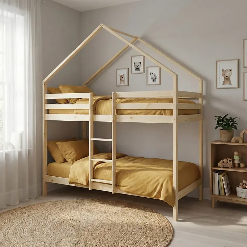 Sweeek Lit enfant superposé cabane 90 x 190 cm pin naturel sommier à lattes inclus - Roya New