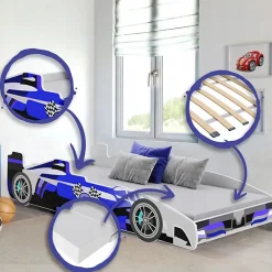 Htmeubles Lit enfant voiture formula 1 bleu et noir avec matelas et sommier inclus New