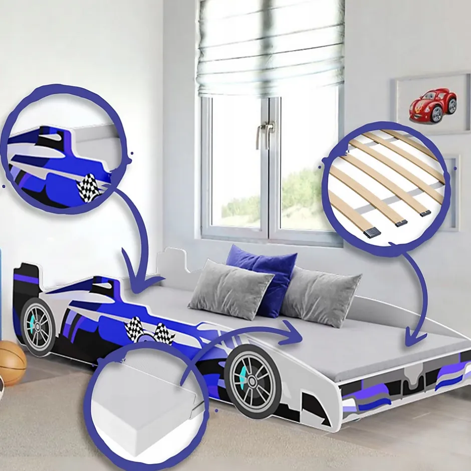 Htmeubles Lit enfant voiture formula 1 bleu et noir avec matelas et sommier inclus New