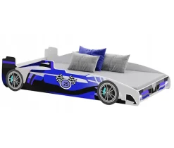 Htmeubles Lit enfant voiture formula 1 bleu et noir avec matelas et sommier inclus New
