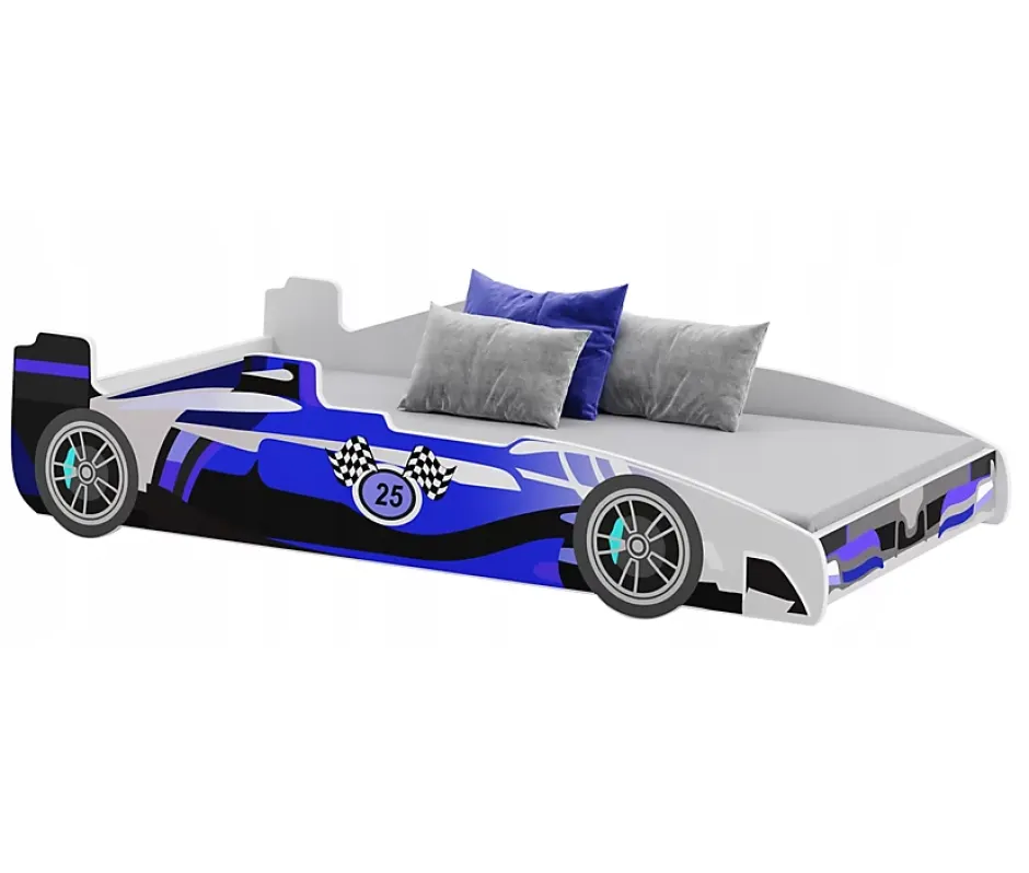 Htmeubles Lit enfant voiture formula 1 bleu et noir avec matelas et sommier inclus New