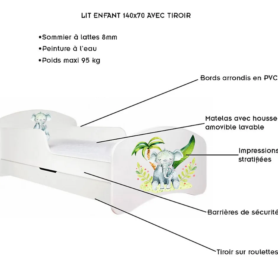 Monmobilierdesign Lit enfant 140X70 Blanc Motif éléphant + matelas mousse sarrasin coco avec tiroir New