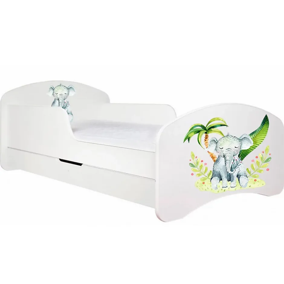 Monmobilierdesign Lit enfant 140X70 Blanc Motif éléphant + matelas mousse sarrasin coco avec tiroir New