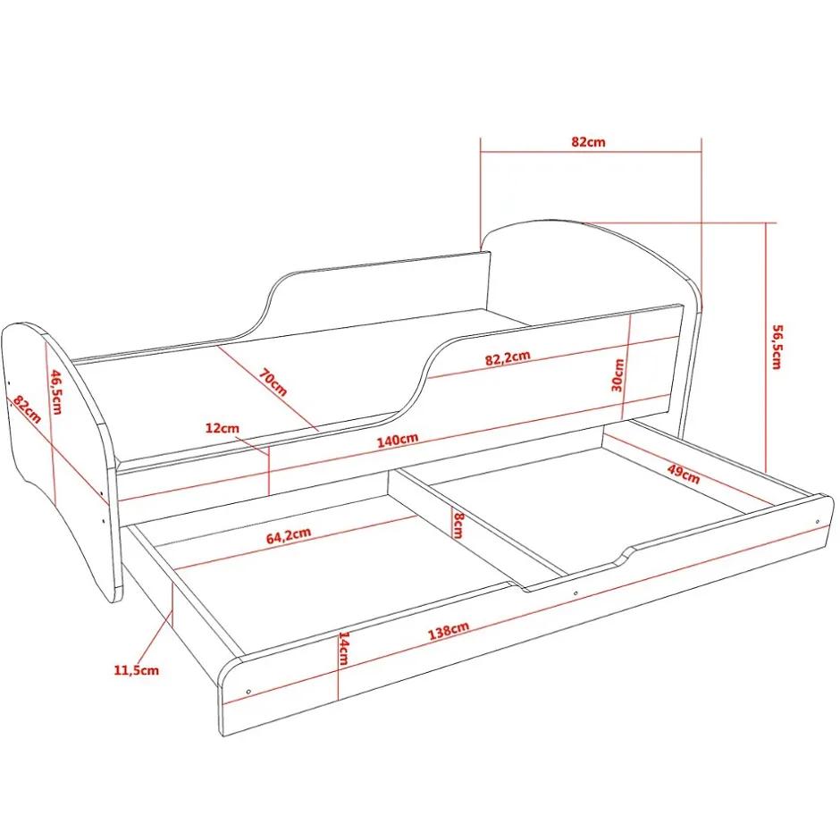 Monmobilierdesign Lit enfant 140X70 Blanc Motif éléphant + matelas mousse sarrasin coco avec tiroir New