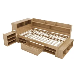 ModernLuxe Lit enfant 90x200 cm - avec 1 tiroir - avec bibliothèque et rangement - sommier à lattes - naturel (sans matelas) Online