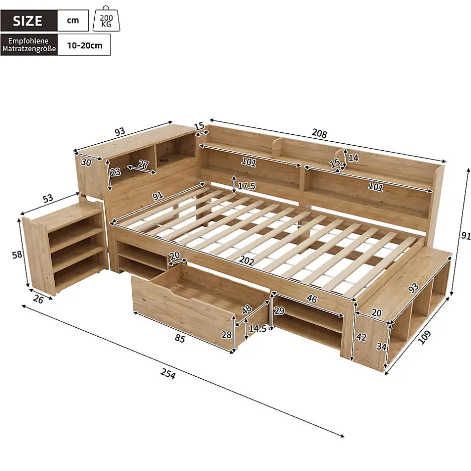 ModernLuxe Lit enfant 90x200 cm - avec 1 tiroir - avec bibliothèque et rangement - sommier à lattes - naturel (sans matelas) Online