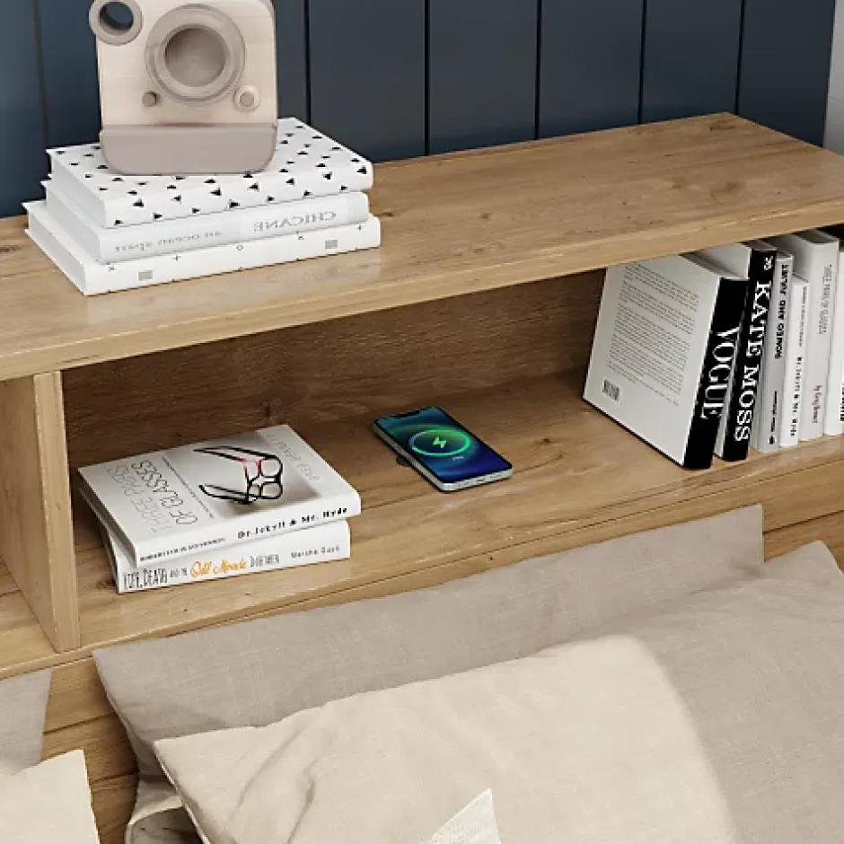 ModernLuxe Lit enfant 90x200 cm - avec 1 tiroir - avec bibliothèque et rangement - sommier à lattes - naturel (sans matelas) Online