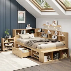 ModernLuxe Lit enfant 90x200 cm - avec 1 tiroir - avec bibliothèque et rangement - sommier à lattes - naturel (sans matelas) Online