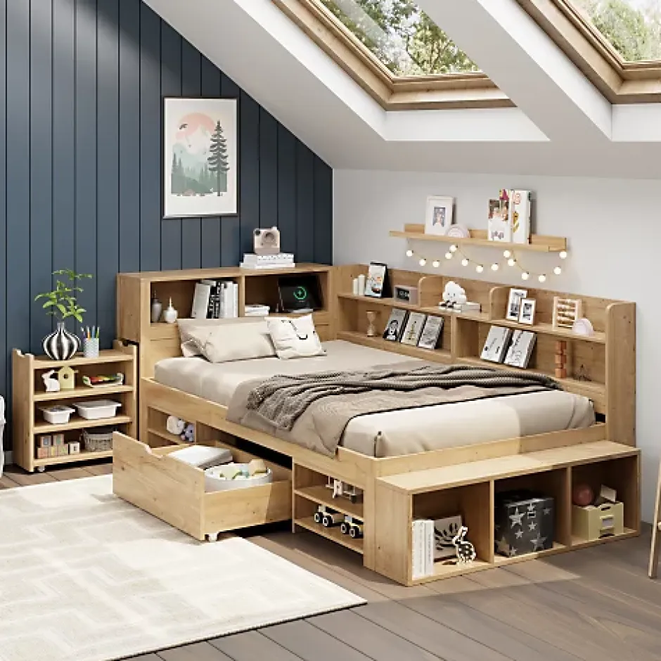 ModernLuxe Lit enfant 90x200 cm - avec 1 tiroir - avec bibliothèque et rangement - sommier à lattes - naturel (sans matelas) Online