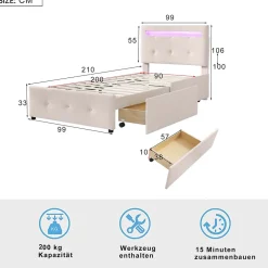 Okwish Lit enfant 90x200 cm - avec 2 Tiroirs et Éclairage LED, Lit Confortable en Lin Beige, Rangement Sous Le Lit, Sans Matelas Discount