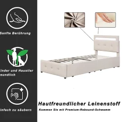 Okwish Lit enfant 90x200 cm - avec 2 Tiroirs et Éclairage LED, Lit Confortable en Lin Beige, Rangement Sous Le Lit, Sans Matelas Discount