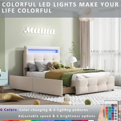 Okwish Lit enfant 90x200 cm - avec 2 Tiroirs et Éclairage LED, Lit Confortable en Lin Beige, Rangement Sous Le Lit, Sans Matelas Discount