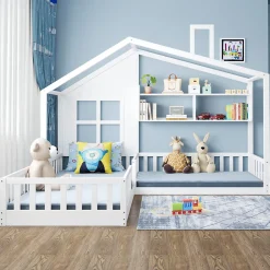 Enfant Okwish Lit enfant 90x200 cm - Cabane avec Fenêtre et Coffre de Rangement, MDF/Bois, Blanc - Sans Matelas