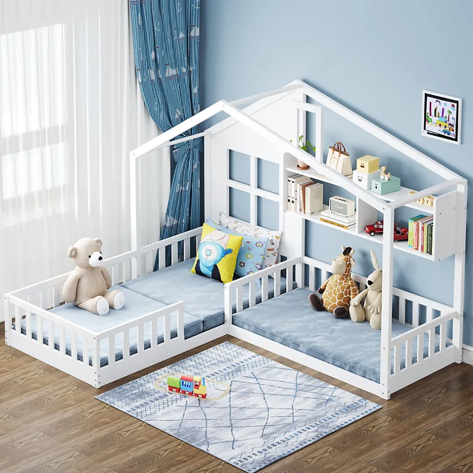 Enfant Okwish Lit enfant 90x200 cm - Cabane avec Fenêtre et Coffre de Rangement, MDF/Bois, Blanc - Sans Matelas