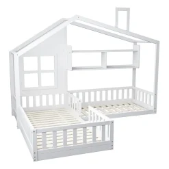 Enfant Okwish Lit enfant 90x200 cm - Cabane avec Fenêtre et Coffre de Rangement, MDF/Bois, Blanc - Sans Matelas