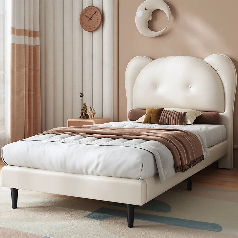 Enfant Okwish Lit enfant 90x200 cm - Lit avec Tête de Lit en Forme d'Animal - PU - Sans Matelas - Beige