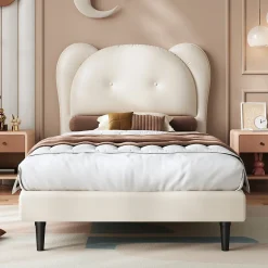 Enfant Okwish Lit enfant 90x200 cm - Lit avec Tête de Lit en Forme d'Animal - PU - Sans Matelas - Beige