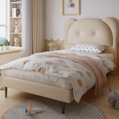 Enfant Okwish Lit enfant 90x200 cm - Lit avec Tête de Lit en Forme d'Animal - PU - Sans Matelas - Beige