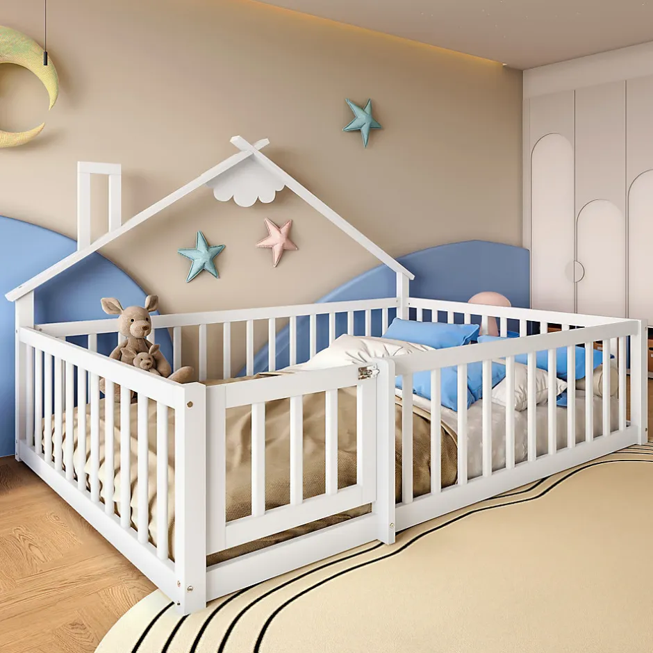 Enfant Okwish Lit enfant 140x190 cm - Lit avec barrières et design maison - Bois de pin et MDF - Sans matelas - Blanc