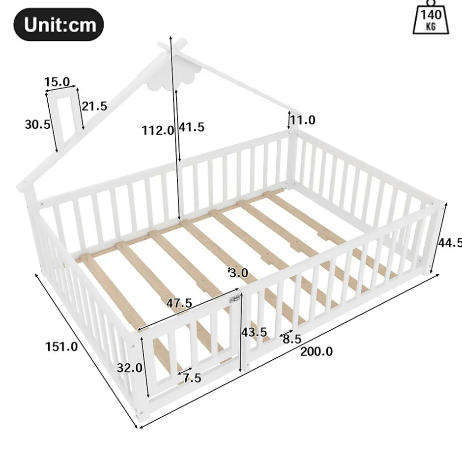 Enfant Okwish Lit enfant 140x190 cm - Lit avec barrières et design maison - Bois de pin et MDF - Sans matelas - Blanc