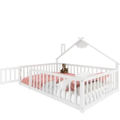 Enfant Okwish Lit enfant 140x190 cm - Lit avec barrières et design maison - Bois de pin et MDF - Sans matelas - Blanc