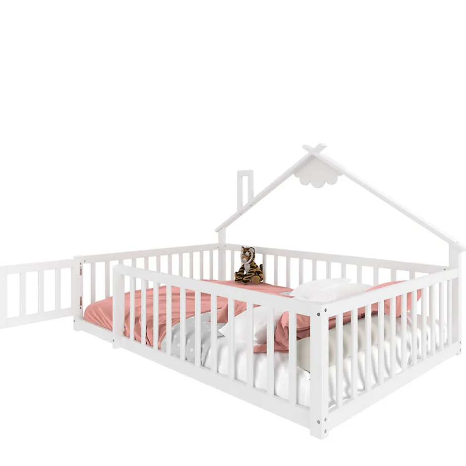 Enfant Okwish Lit enfant 140x190 cm - Lit avec barrières et design maison - Bois de pin et MDF - Sans matelas - Blanc
