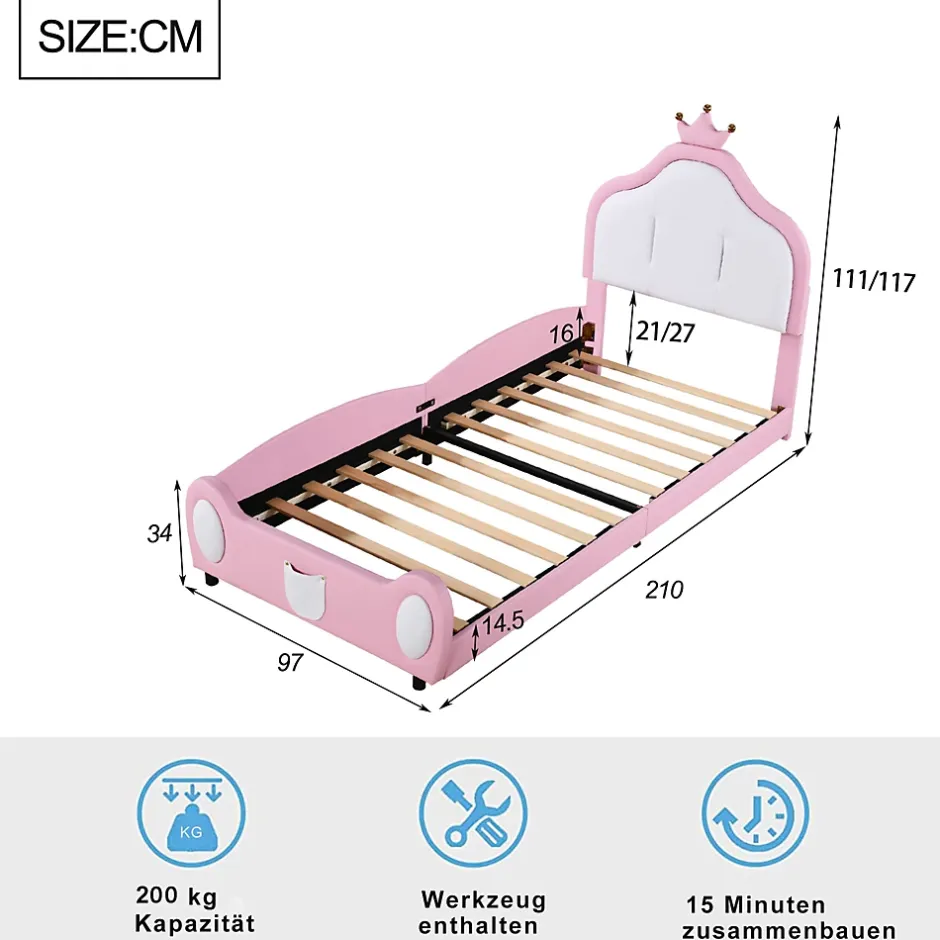 Okwish Lit enfant 90x200 cm - Lit avec Tête de Lit Couronne, design Bicolore, en Simili Cuir, Sans Matelas, Rose Online