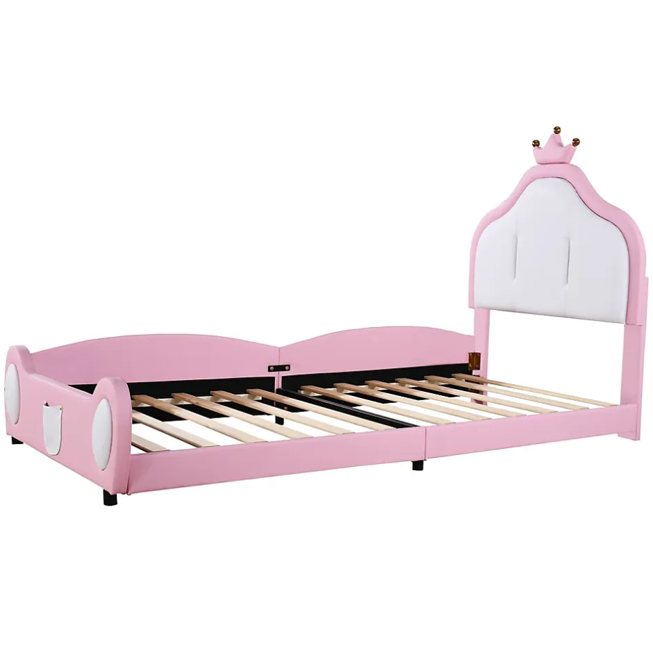 Okwish Lit enfant 90x200 cm - Lit avec Tête de Lit Couronne, design Bicolore, en Simili Cuir, Sans Matelas, Rose Online