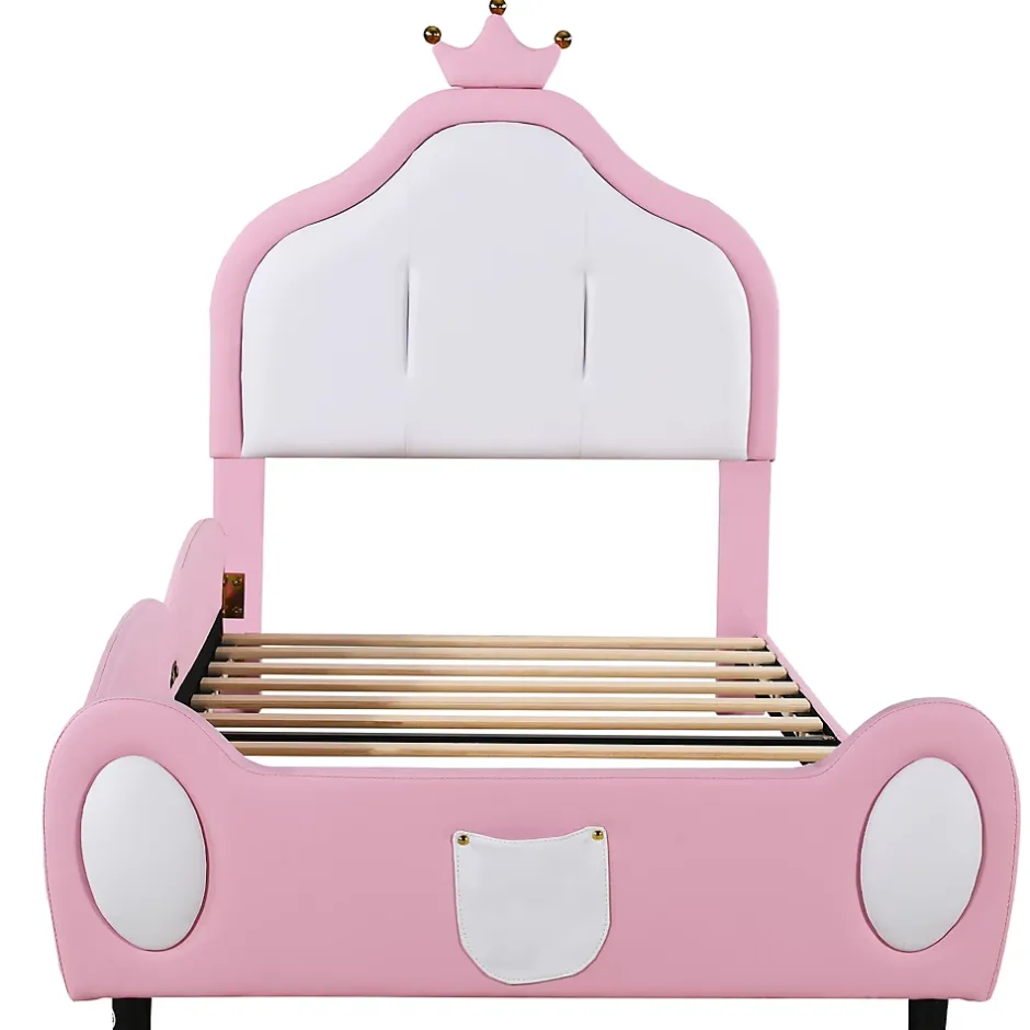 Okwish Lit enfant 90x200 cm - Lit avec Tête de Lit Couronne, design Bicolore, en Simili Cuir, Sans Matelas, Rose Online