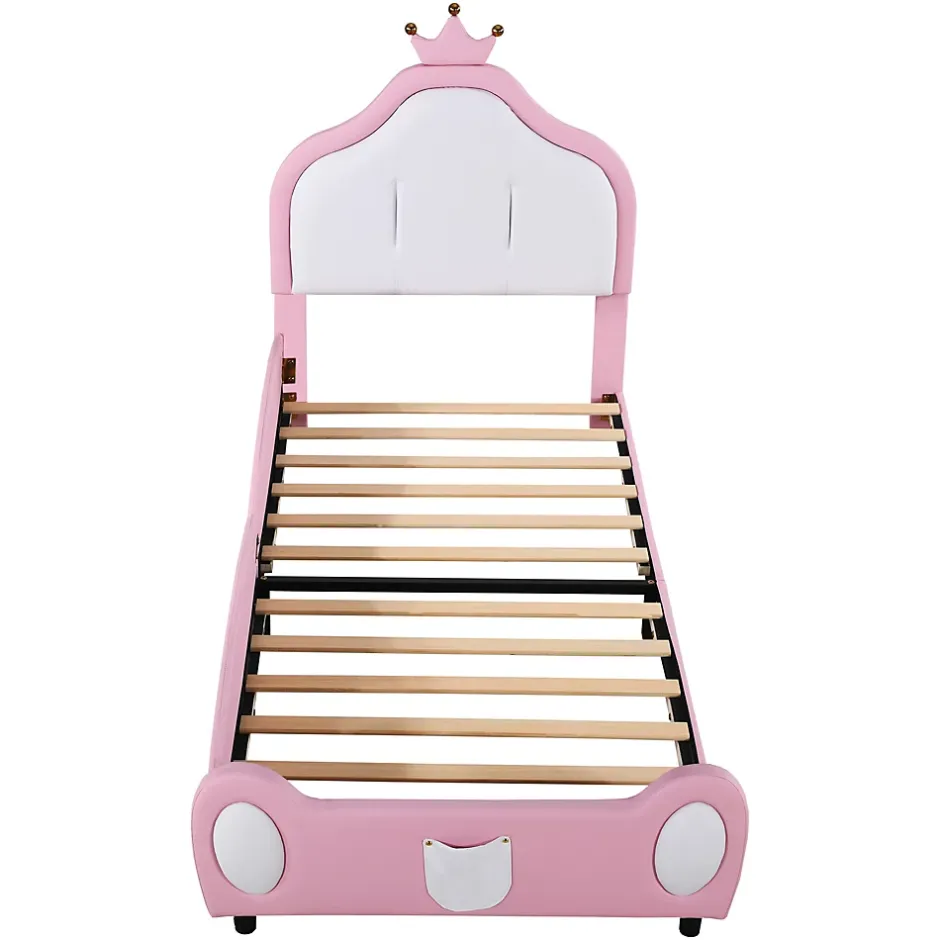 Okwish Lit enfant 90x200 cm - Lit avec Tête de Lit Couronne, design Bicolore, en Simili Cuir, Sans Matelas, Rose Online