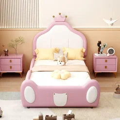 Okwish Lit enfant 90x200 cm - Lit avec Tête de Lit Couronne, design Bicolore, en Simili Cuir, Sans Matelas, Rose Online